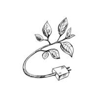 Hand-drawn black-and-white sketch of  leaf plug environment. Eco energy concept. Leaf Plug Environment. Doodle vector illustration. Vintage.