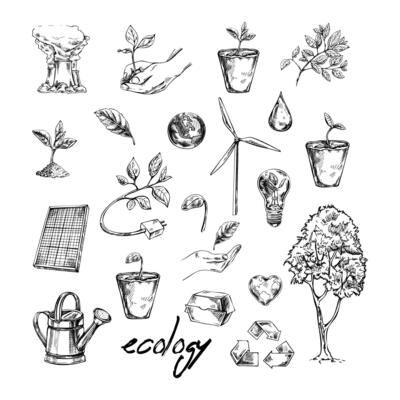 Set of ecology. Hand drawn design vector illustration. Ecology problem, recycling and green energy icons and elements in doodle style. Retro style.