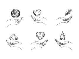 Hand-drawn sketches of Earth, heart, leaf, recycle symbol, drop of watr in hand. Hold world in hands. Carry earth, support concept. Doodle vector illustration. Vintage.