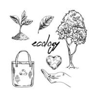 Hand-drawn sketch collection of eco bag, sprout, heart-shaped planet earth in empty open hand, tree. Vector illustration. Doodle gardening element. Ecology.