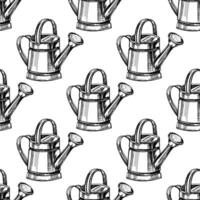 Seamless pattern of hand-drawn watering can. Gardening element. Ecology. Black-and-white illustration in sketch style. Vintage, doodle. vector