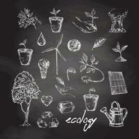 Set of ecology. Hand drawn design vector illustration on chalkboard background. Ecology problem, recycling and green energy icons and elements in doodle style. Retro style.