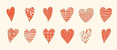 Naive playful hearts with loop, drops, spots, curves, lines and waves. Hand drawn doodle elements. Vector illustration with wavy and spiral elements. Design elements for social media posts