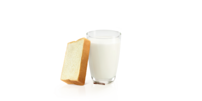 Milk in a glass with a slice of bread next to it. PNG transparent