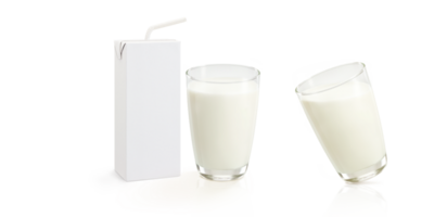 Milk in a glass and an empty milk carton for text. PNG transparent