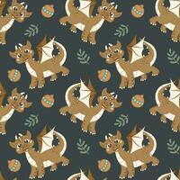 Seamless pattern with a cute dragon, twigs with berries and Christmas balls in cartoon style. vector