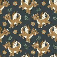 Seamless pattern with a cute dragon, twigs with berries and Christmas balls in cartoon style. vector