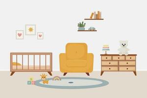 nursery room interior, furniture and accessories for children, kids room, modern interior design, toys, armchair, closet, lamp, crib, vector illustration