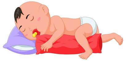 Cute baby sleeps while hugging a pillow. Vector illustration