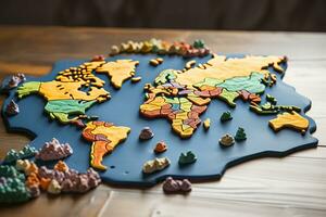 Silhouette of a world map made of plasticine. Children's craft. Teaching children photo