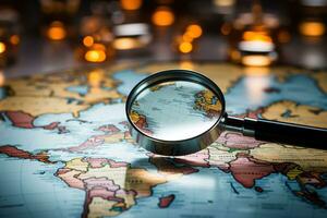 Large magnifying glass over the world map. Old world map photo