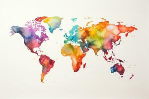 World map drawing in watercolor. Multicolored world map on white background photo
