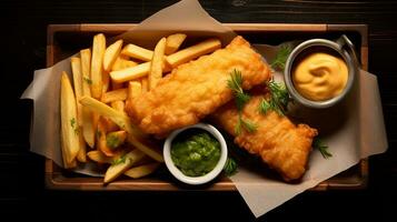 foto de pescado y papas fritas como un plato en un gama alta restaurante. generativo ai