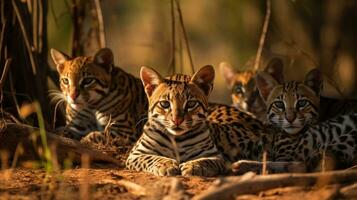 Photo of a herd of Ocelot resting in an open area on the Savanna. Generative AI