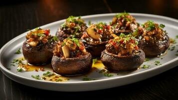 Photo of Stuffed Mushrooms as a dish in a high-end restaurant. Generative AI