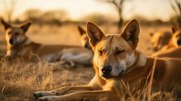 Photo of a herd of Dingo resting in an open area on the Savanna. Generative AI