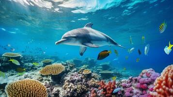 Photo of Dolphin with various fish between healthy coral reefs in the blue ocean. Generative AI