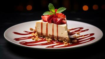 Photo of Strawberry Cheesecake as a dish in a high-end restaurant. Generative AI