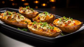 Photo of Potato Skins as a dish in a high-end restaurant. Generative AI