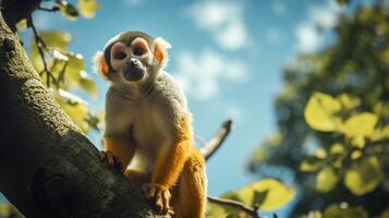 Photo of Squirrel Monkey in ther forest with blue sky. Generative AI