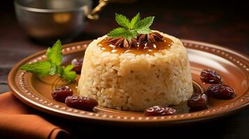 Photo of Rice and Date Pudding - Roz Bel Tamr as a dish in a high-end restaurant. Generative AI