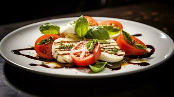 foto de caprese ensalada como un plato en un gama alta restaurante. generativo ai