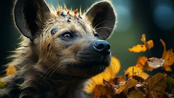 Close-up photo of a Hyena looking any direction on jungle. Generative AI