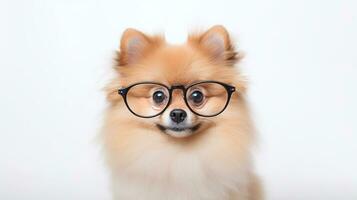 Photo of a Pomeranian dog using eyeglasses isolated on white background. Generative AI