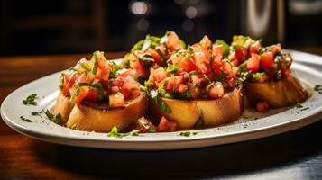 Photo of Bruschetta as a dish in a high-end restaurant. Generative AI