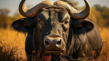 Close-up photo of a Buffalo looking any direction. Generative AI