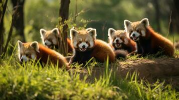 Photo of a herd of Red Panda resting in an open area on the Savanna. Generative AI