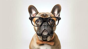 Photo of a French Bulldog dog using eyeglasses isolated on white background. Generative AI