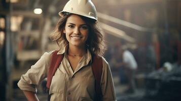 Photo of female worker smile looking camera. Generative AI