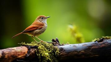 Photo of a Nightingale standing on a fallen tree branch at morning. Generative AI