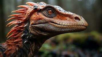 Close-up photo of a Spinosaurus looking in their habitat. Generative AI