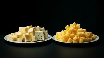 Pile of cheese on two plates isolated on black background. Generative AI photo