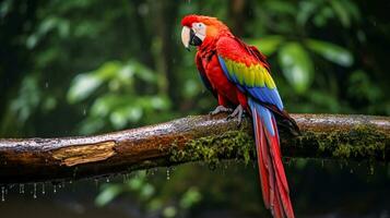 Photo of a Scarlet Macaw standing on a fallen tree branch at morning. Generative AI