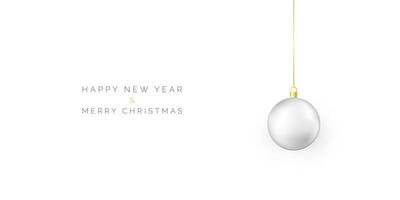 Happy New Year and Merry Christmas. White Christmas ball hanging on gold string. Holiday xmas template for greeting card and party invitation. Vector illustration