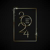 Gold lettering 2024 happy New Year. Holiday greeting card design with gold frame and text inside. Vector illustration