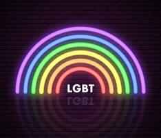 LGBT Neon Rainbow Sign. LGBT Pride Month. Lesbian Gay Bisexual Transgender. Rainbow love concept. Human rights and tolerance. Vector ilustration isolated on brick wall