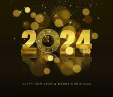 New Years holiday banner. New Year countdown clock with gold numbers 2024 with effect bokeh and reflection. Abstract holiday background. Vector illustration