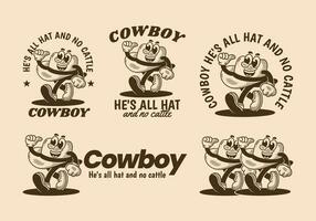 vaquero, él es todas sombrero y No ganado. mascota personaje de caminando vaquero sombrero vector
