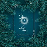 Happy New 2024 Year. Holiday background with spruce branch and falling snowflakes. White frame and 2024 lettering with clock countdown instead zero. Vector illustration