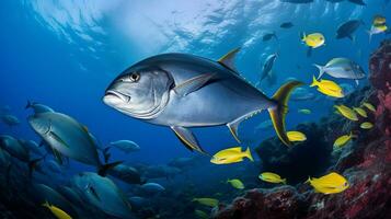 Photo of Yellowfin Tuna with various fish between healthy coral reefs in the blue ocean. Generative AI