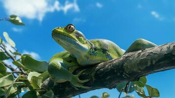 Photo of a Green Tree Python under Blue Sky. Generative AI