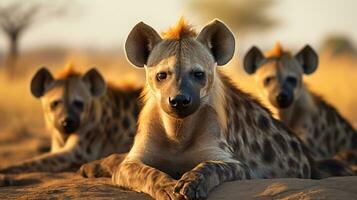 Photo of a herd of Hyena resting in an open area on the Savanna. Generative AI