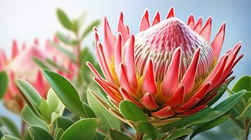 Photo of beautiful Protea flower isolated on white background. Generative AI