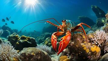 Photo of Lobster with various fish between healthy coral reefs in the blue ocean. Generative AI