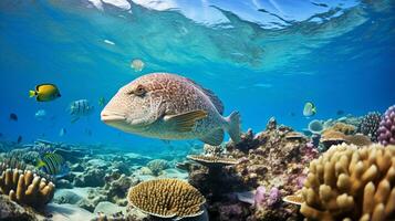 Photo of Flounder with various fish between healthy coral reefs in the blue ocean. Generative AI