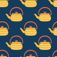 Vector striped tea kettles seamless pattern. Trendy yellow and red tea kettles on dark blue background. Tea time backdrop.